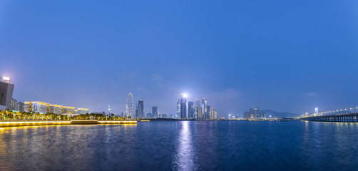 Fototapeta na wymiar Panorama of night view of Qianhai Bay, Baoan, Shenzhen, China