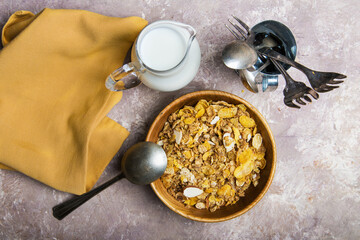 cornflakes with milk and corn. view from above.