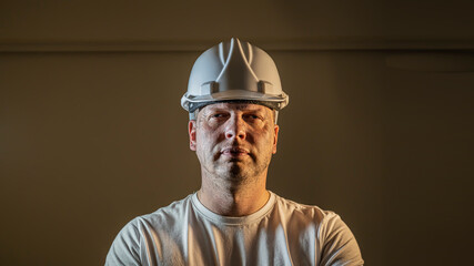 working man construction worker with dirty face looking at camera Close up portrait