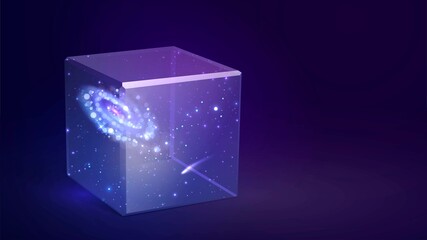 Space with galaxy in glass cube on dark background