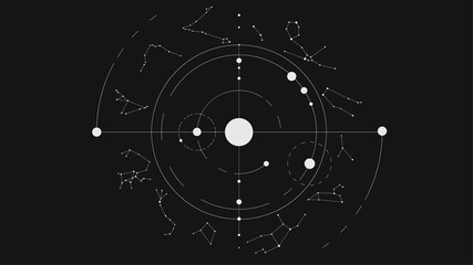 White minimalistic solar system and zodiac constellations on black background