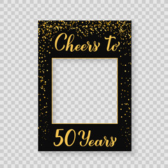 Cheers to 50 Years photo booth frame on a transparent background. 50th Birthday or anniversary photobooth props. Black and gold confetti party decorations. Vector template