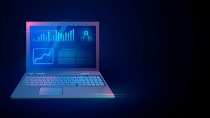 Laptop with graphs and analytics on a dark background