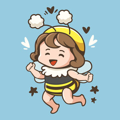 Cute bee girl, Little girl wearing a bee costume is dancing merrily, Cute design kawaii style, Cute cartoon characters, Cute little bee girl digital clipart, Printables vector graphics illustrations.