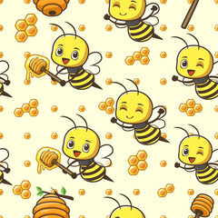 Seamless pattern of cute little bee, kawaii design, bright colors and light yellow background. Vector cartoon illustration. They are great for decoration or as part of a design.