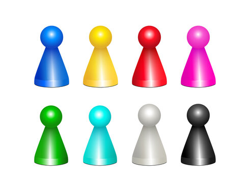 Spielfigur, stehende Spielfiguren, Spielsteine, Halmakegel, Halmafigur, P&ouml;ppel  
Figuren aus Kunststoff f&uuml;r Gesellschaftsspiele, 
Vektor illustration isoliert auf wei&szlig;em Hintergrund 
