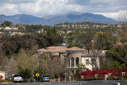 Sunny daytime view of the downtown housing area of Mission Viejo, California, USA.