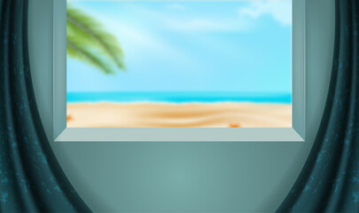 Podium with a curtain for a cosmetic product display with a beach view