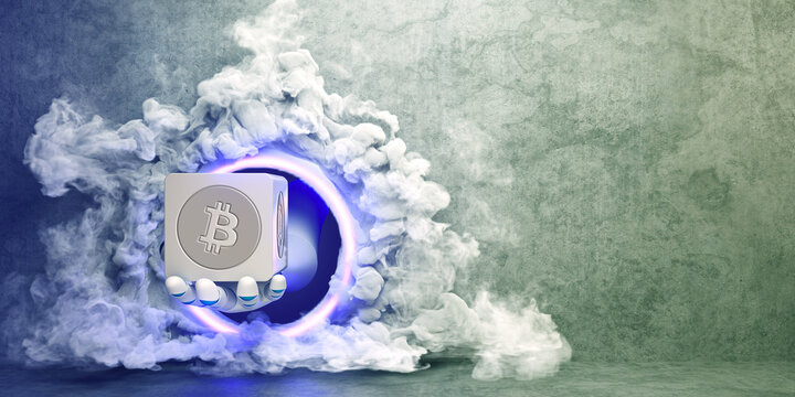 robot hand handing a cube with a bitcoin symbol out of portal in a concrete wall with smoke surrounding it