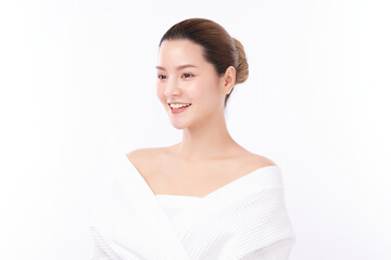 Beautiful young Asian woman wearing bathrobe on white background, Face care, Facial treatment, Cosmetology, beauty and spa Concept.