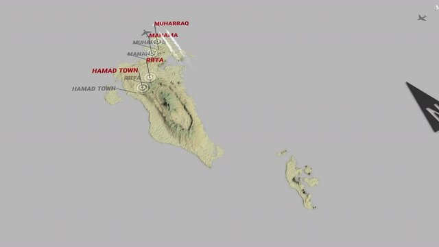 Seamless looping animation of the 3d terrain map of Bahrain with the capital and the biggest cites in 4K resolution