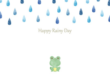 梅雨　水彩　手描き　ポストカード　横/ Hand Drawn Watercolor Cute Rainy Season Monsoon Season Postcard  (Horizontal) -  Vector Image 