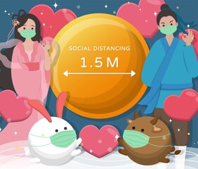 Valentine's Day in Asia, East and China: Tanabata, the Cowherd and the Weaver Girl Legend characters keep social distance, cartoon comic vector characters