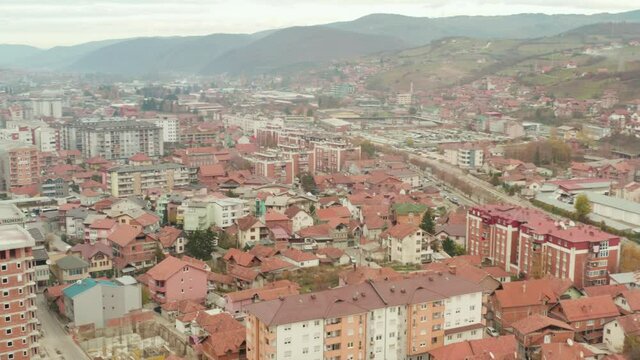 Aerial panorama of Novi Pazar on an overcast day. Serbia