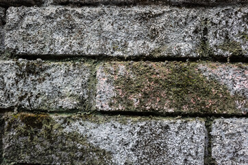 rough stone brick wall with lichen and moss