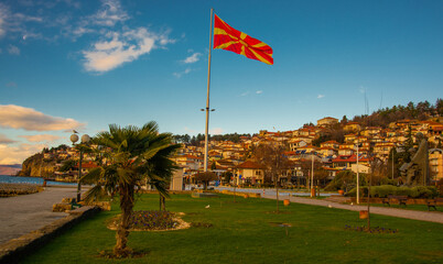 OHRID, NORTH MACEDONIA: View of the square and the flag of Macedonia at the pier in the old town of...