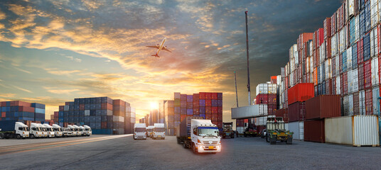 Industrial Container Cargo freight ship, forklift handling container box loading for logistic...