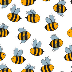 Seamless pattern with bees on white background. Small wasp. Vector illustration. Adorable cartoon character. Template design for invitation, cards, textile, fabric. Doodle style