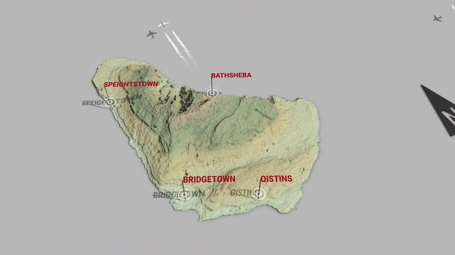 Seamless looping animation of the 3d terrain map of Barbados with the capital and the biggest cites in 4K resolution