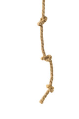 The end of the rope with three knots is isolated on a white background.
