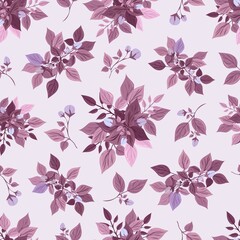 Delicate spring flowers and leaves. Seamless pattern. Botanical print for sandstone on fabric, paper, packaging. Isolated background.