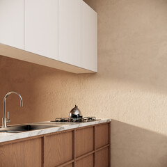 Japandi style kitchen interior design. modern scandinavian apartment with wooden furniture. 3d rendering vertical background