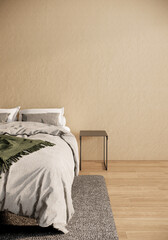 Japandi style bedroom interior design and decoration, minimal apartment concept. 3d rendering