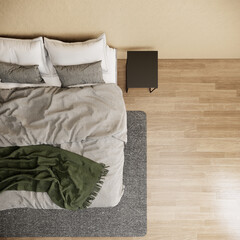 Japandi style bedroom interior and decoration, minimal apartment design. 3d rendering background
