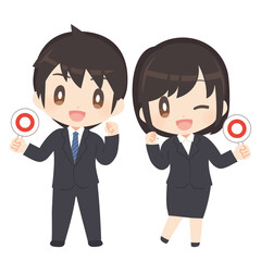 正解のプラカードを持つビジネススーツ姿の男女