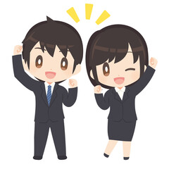 ガッツポーズで張り切るビジネススーツ姿の男女