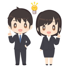 指差しポーズでひらめくビジネススーツ姿の男女