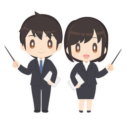 指示棒で示すビジネススーツ姿の男女