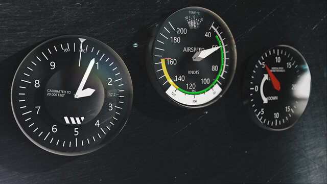 Airplane's flight instruments dashboard illustration. Plane’s dashboard with airspeed, vertical speed and altimeter gauges indicators. 3D rendering. Footage available. 
