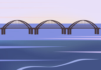 Bridge at sunset,  sunrise, dawn. An architectural structure of a city pedestrian or transport bridge across the river. Picturesque landscape with morning or evening sun. Vector