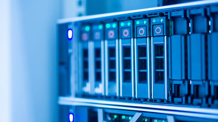 The server room tells the computer server that is working continuously. Convey the power and...