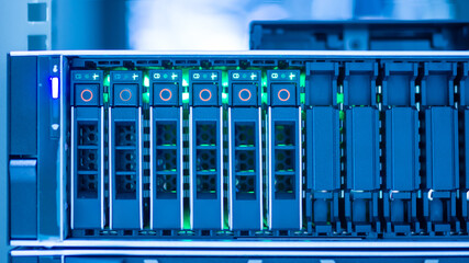 The server room tells the computer server that is working continuously. Convey the power and...