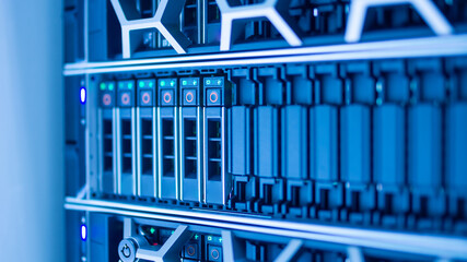 The server room tells the computer server that is working continuously. Convey the power and...