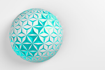 Abstract creative modern metal blue and white 3D three-dimensional sphere background with collapsing into many different triangles around the layer. 3d illustration.