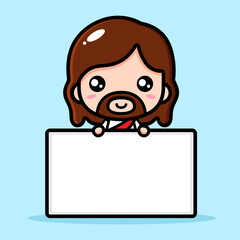 cute cartoon jesus vector design holding a big white board for text