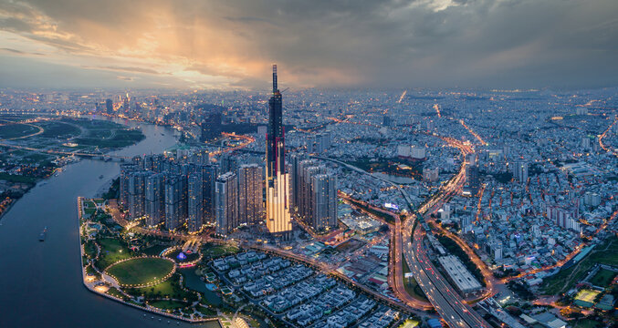 Top view of Ho Chi Minh City and Landmark 81 in the beautiful sunset
