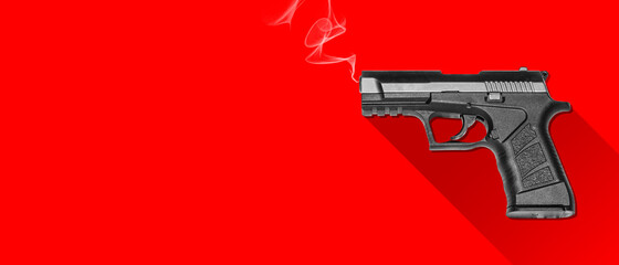 smoking semiautomatic handgun in red background with shadow - obrazy, fototapety, plakaty
