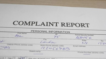 Complain Report Document Form Panning Closeup