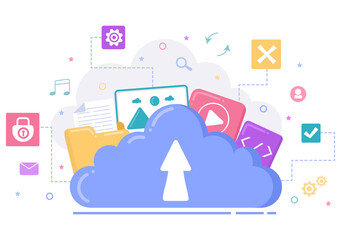 Fototapeta na wymiar Cloud Storage Service Illustration for Hosting or Data Center, Online File Download, Upload, Management and Technology