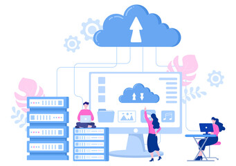 Cloud Data Storage Hosting Research Illustration For Information Database Statistics And Search Analysis