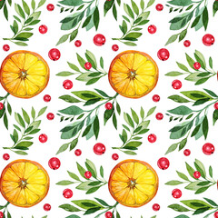 Seamless pattern watercolor citrus fruit orange slice, green leaves, red berries cranberry isolated on white background. Hand-drawn food object for menu, sticker, wrapping, card, wallpaper