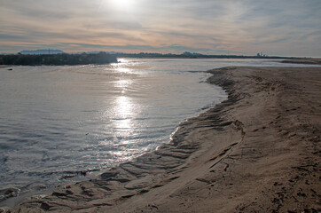 Santa Clara river estuary with lowering water level at the river mouth in Ventura California United States