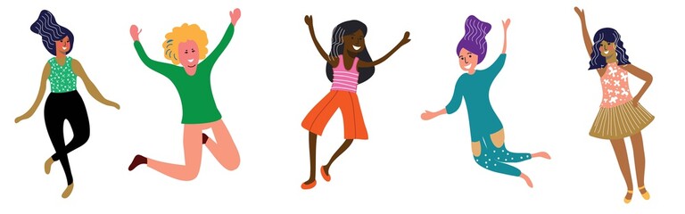 Collection of young dancing people. Happy male and female dancers isolated on white. Smiling men and women characters enjoying dance party. Colorful vector illustration set in flat cartoon style
