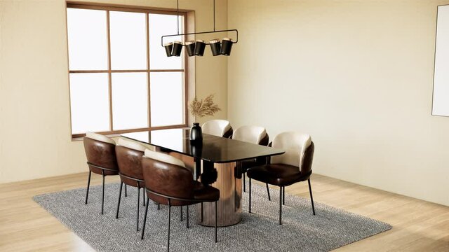 interior of modern scandinavian room with furniture. contemporary apartment style. the room has large window, chair and table, pan up shot video 4k animation