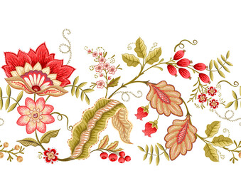 Seamless pattern with stylized ornamental flowers in retro, vintage style. Jacobin embroidery. Colored vector illustration isolated on white background. © Elen  Lane