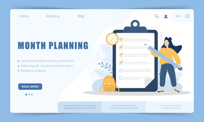 Obraz na płótnie Canvas Month planning or to do list concept. Website landing page template. Woman with giant pencil standing near large checklist on clipboard. Vector illustration in flat cartoon style.